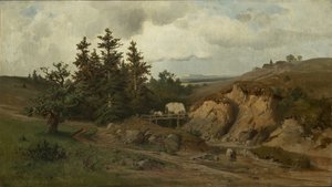 Paisagem com Ponte de Madeira - Paisagem com Ponte de Madeira - Adolf Kosarek (1830-1859). óleo sobre tela de Adolf Kosárek