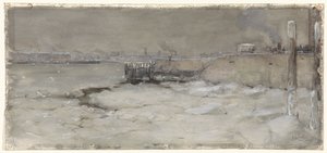 Rastejando o gelo sobre o rio Maas em Roterdão de Adolf le Comte