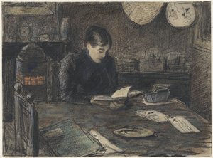 Mulher lendo em uma mesa de Adolf le Comte