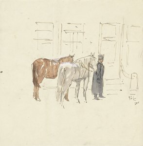 Homem com dois cavalos na frente de um prédio de Adolf le Comte