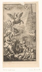 Cena alegórica com mulher escrevendo, bustos, Pegasus e Apollo Página de título para: Cornelis Sweerts, símbolos poéticos, 1736
