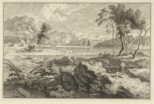 Paisagem da Arcádia com rochas e rio Paisagens italianas e alemãs (título da série) de Adolf van der Laan