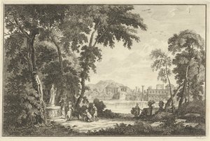 Paisagem do rio Arcadian com figuras adorando uma estátua Paisagens italianas e alemãs (título da série) de Adolf van der Laan