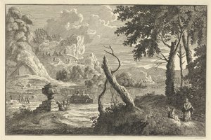 Paisagem do rio Arcadian com árvore quebrada
Paisagens italianas e alemãs (título da série) de Adolf van der Laan