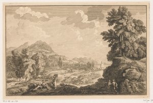 Paisagem do rio Arcadian com pastores e uma mulher com uma cesta de lavanderia Paisagens italianas e alemãs (título da série) de Adolf van der Laan