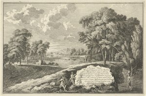 Paisagem do rio Arcadian com mulher e criança
Impressão do título para: Trinta peças de paisagens tanto em Itália como em Duytslandt
Paisagens italianas e alemãs (título da série) de Adolf van der Laan