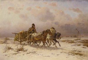 Um camponês em um trenó dirigindo três cavalos de Adolf van der Venne