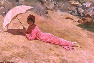 Rapariga deitada na praia com um Sol Rosa (óleo sobre tela)