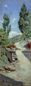 Estrada em colinas por Adolfo Belimbau (1845-1938), óleo sobre painel, 23x9 cm
