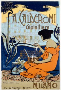 Cartaz publicitário para o joalheiro Calderoni em Milão, c1920 de Adolfo Hohenstein