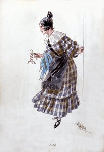 Traje do personagem de Mimi para a ópera "La Boheme" de Giacomo Puccini (1858-1924). Aquarela de Adolfo Hohenstein.