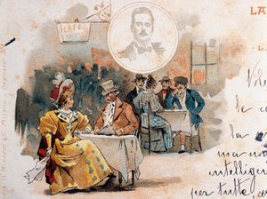 Postal de Adolfo Hohenstein (1854-1928) criado por ocasião da estreia da ópera La Boheme, de Giacomo Puccini (1858-1924), retratando cena do segundo ato de Adolfo Hohenstein