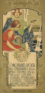 Cartaz publicitário da exposição de produtos elétricos realizada em homenagem ao 100º aniversário do nascimento de Alessandro Volta de Adolfo Hohenstein