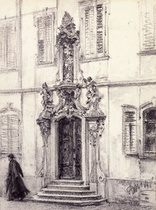 Um homem que desce as escadas de um edifício decorado com um portal barroco, 1884 de Adolph Menzel