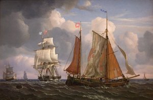 Navios navegando e batendo contra o vento no som de Adolph Friedrich Vollmer