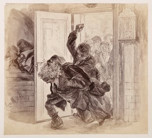 Adam, espancado por Ruprecht, sai a correr da sala do tribunal; Eve e os outros observam ao fundo, segundo a obra de Heinrich von Kleist «O jarro partido» de Adolph Menzel