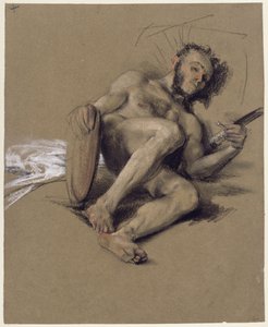 Estudo de nu: homem barbudo deitado no chão, do lado esquerdo, com espada e escudo nas mãos; estudo para a saudação por ocasião da maioridade do príncipe herdeiro, em 1850 de Adolph Menzel