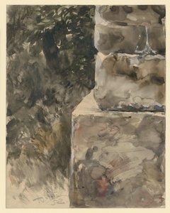 Folhagem de árvore junto ao pedestal de pedra de Adolph Menzel