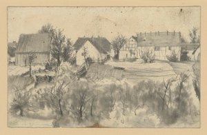 Vista de celeiros e casas de lavoura, com árvores baixas e arbustos em primeiro plano de Adolph Menzel