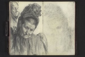 Retrato de busto de uma mulher idosa com chapéu, cabeça de mulher com lenço de Adolph Menzel