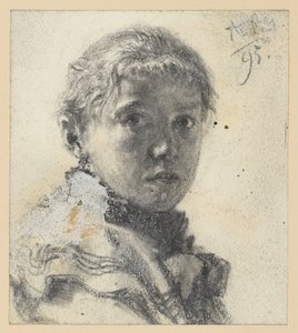 Retrato de busto de uma rapariga voltada para a direita, com a cabeça virada para o observador de Adolph Menzel