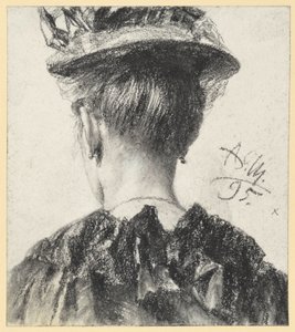 Busto de uma mulher com chapéu, visto de costas de Adolph Menzel