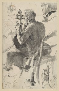 Violoncelo virado para a esquerda, visto meio de costas. Estudos de cabeça e mãos. Estudo preparatório para a pintura «Concerto de flauta de Frederico, o Grande, em Sanssouci» de Adolph Menzel