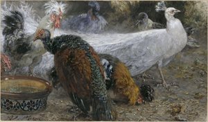 O pavão branco com a perua e as galinhas. Do «Álbum das Crianças» de Adolph Menzel
