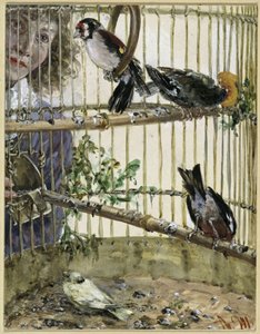 Os pintassilgos e o canário na casa do camponês. Do «Álbum das Crianças» de Adolph Menzel