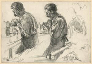 Torneiro na bancada, dois esboços e detalhes de Adolph Menzel