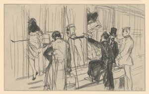 Passageiros de comboio a entrar e revisor. Cena de cais de Adolph Menzel