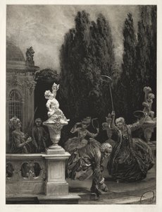 Ensaio sobre pedra com pincel e raspador: tocando em aros no terraço do castelo, 1851. de Adolph Menzel