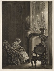 Ensaio sobre pedra com pincel e raspador: Woman Reading at the Fireside, 1851. de Adolph Menzel