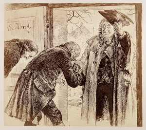 O juiz Walter entra pela porta pela direita, levantando o chapéu num gesto cordial, sendo recebido com deferência por Adam e Licht, na peça de Heinrich von Kleist «O jarro partido» de Adolph Menzel