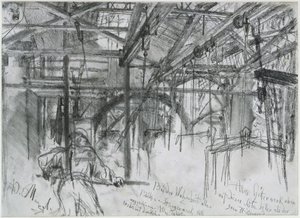 Pavilhão da fábrica de laminação de Königshütte. Estudo sobre «A fábrica de laminação de ferro. Ciclopes modernos» de Adolph Menzel