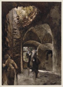 Nas ruínas, um senhor e uma senhora estão num patamar e olham para cima, para um grande buraco na abóbada de Adolph Menzel