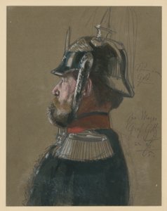 Karl Friedrich conde von Goltz, major-general, retrato de busto com capacete e espada, perfil voltado para a esquerda, estudo de retrato para «A coroação de Guilherme I em Königsberg» de Adolph Menzel