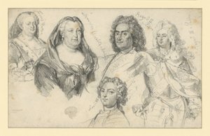 Rainha Sofia Doroteia da Prússia, imperatriz Isabel da Rússia, rei Augusto II da Polónia, rei Augusto III da Polónia, Luís XV de França de Adolph Menzel