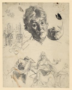 Cabeça de uma mulher idosa, com a zona do queixo repetida, esboço arquitetónico, esboço figurativo para uma alegoria de Adolph Menzel