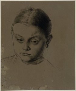 Cabeça de rapariga de frente, com a cabeça ligeiramente inclinada para baixo, brinco de Adolph Menzel
