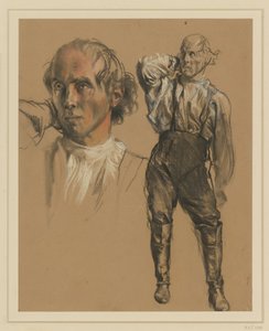 Homem de camisa, calças e botas altas, de pé de frente, com a mão direita na nuca, olhando para a esquerda, à esquerda: estudo de cabeça maior de Adolph Menzel