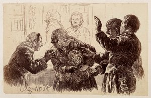 Marthe, com os cacos do jarro nos braços, está entre Veit e Ruprecht, e Eve implora à mãe que desista da queixa, de Heinrich von Kleist, «O Jarro Partido» de Adolph Menzel
