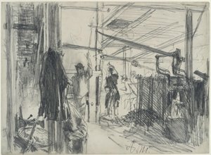 Sala das máquinas na laminadora. Estudo sobre «A laminadora de ferro. Ciclopes modernos» de Adolph Menzel