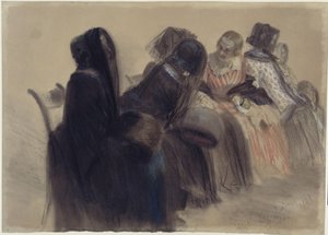 Sessão musical: seis senhoras sentadas em cadeiras, dispostas numa fila que se estende para a direita em profundidade, algumas delas a conversar de Adolph Menzel