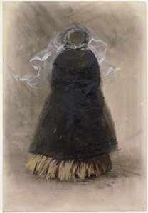 Figura de costas de uma senhora com chapéu e véu esvoaçante de Adolph Menzel