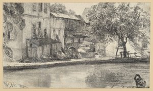Parte traseira de uma fila de casas e árvore junto à água de Adolph Menzel