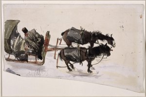 Atrelagem de trenó com dois cavalos e cocheiro, vista de cima de Adolph Menzel