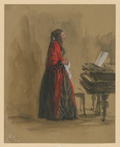 Mulher a cantar, de pé junto a um piano de cauda, de perfil para a direita de Adolph Menzel
