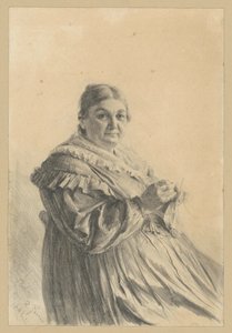 Mulher idosa sentada com meia de malha de Adolph Menzel