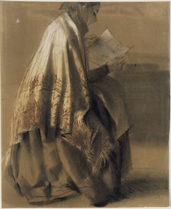 Mulher sentada, a ler, com um lenço largo enrolado à volta do pescoço de Adolph Menzel